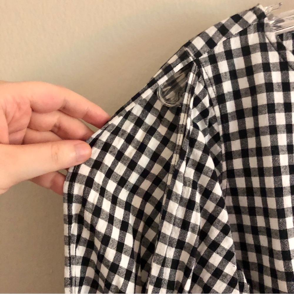 LOFT Petite Black and White Trumpet Sleeve Cold Shoulder Gingham Blouse - Picture 5 of 8